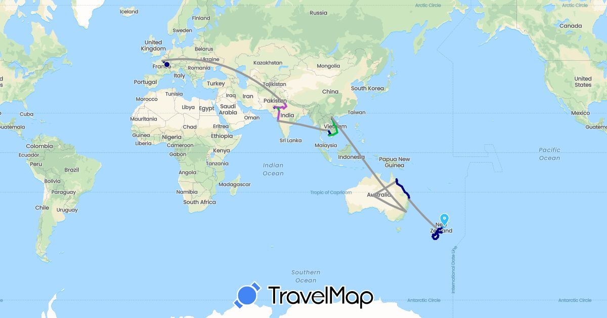 TravelMap itinerary: driving, bus, plane, train, boat, motorbike in Australia, France, India, Cambodia, New Zealand, Thailand, Vietnam (Asia, Europe, Oceania)